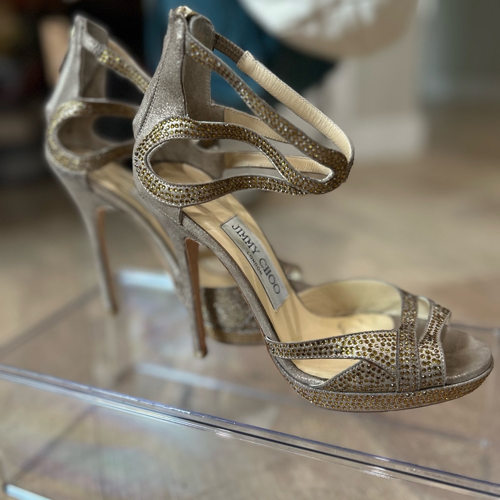 Jimmy Choo heels, bronze with rhinestones. 4  1/2 inch heel